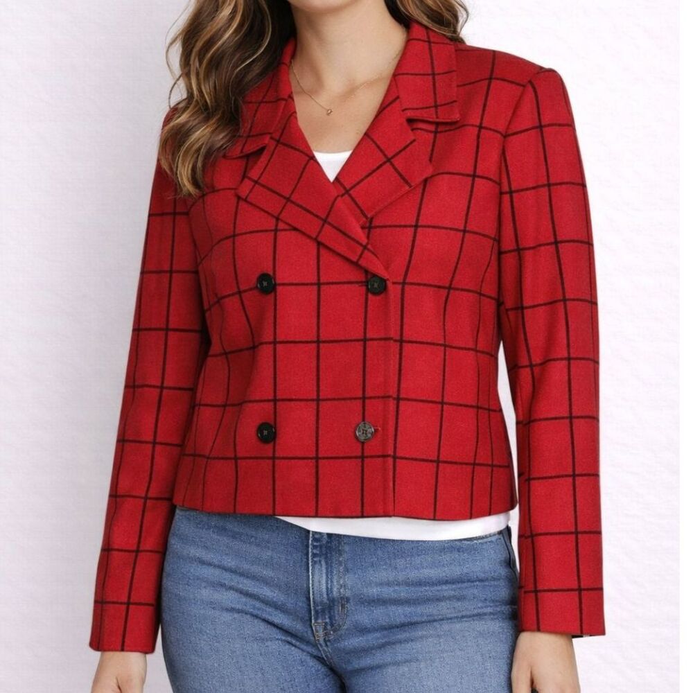 Vintage Red Plaid Cropped Blazer Jacket Wool Blend Preppy Y2K Womens 12